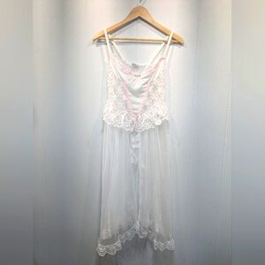 Vintage Jill Andrea Sheer White Peignoir‎ Slip   Large Lace Bodice Pink Floral